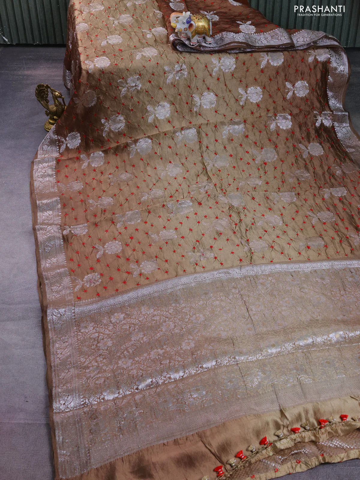 Chiniya silk saree brown with allover silver zari buttas & bandhini prints and silver zari woven border - Image 2