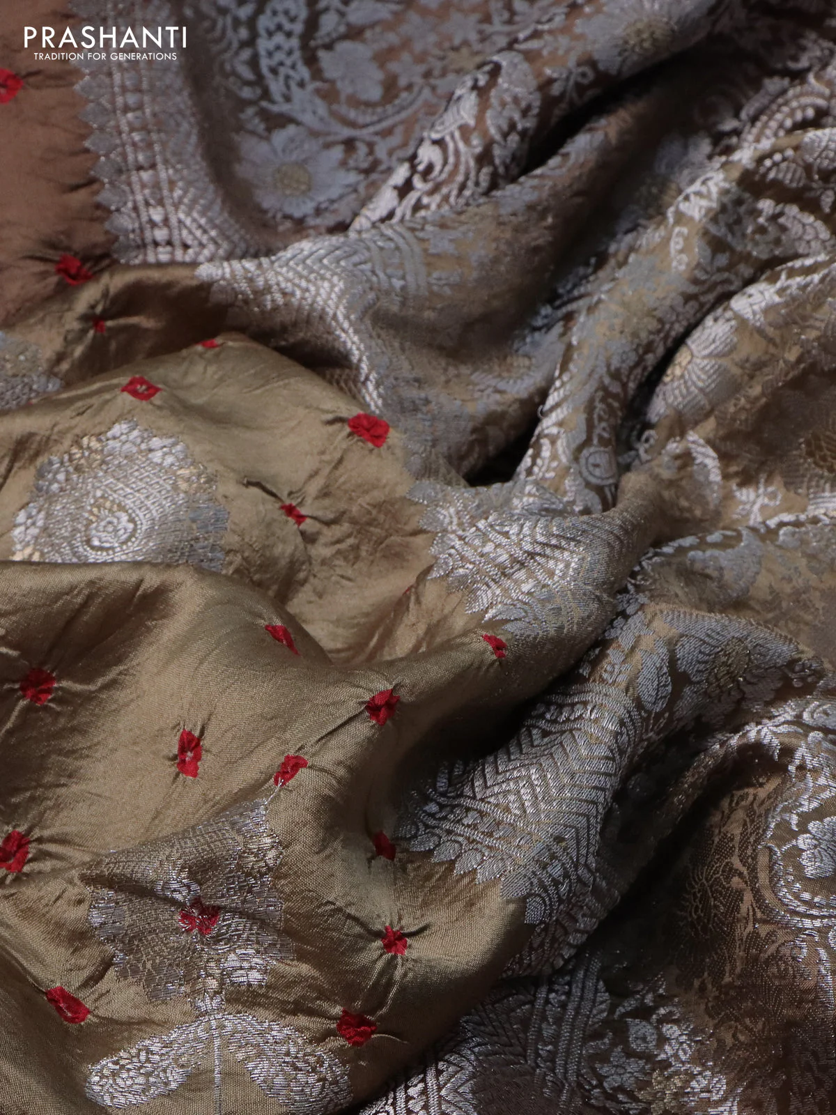 Chiniya silk saree brown with allover silver zari buttas & bandhini prints and silver zari woven border - Image 3