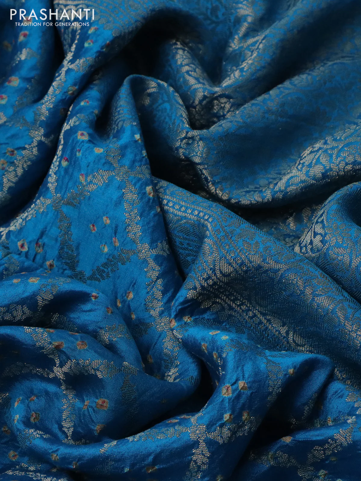 Chiniya silk saree cs blue with allover zari weaves & bandhini prints and zari woven border - Image 3