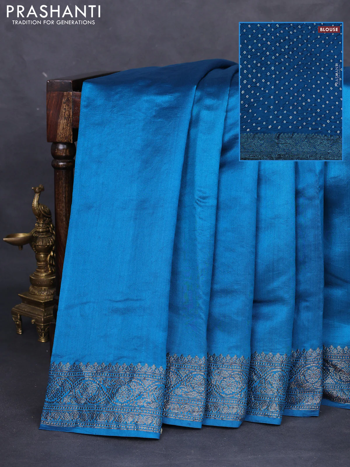 Chiniya silk saree cs blue with plain body and woven border