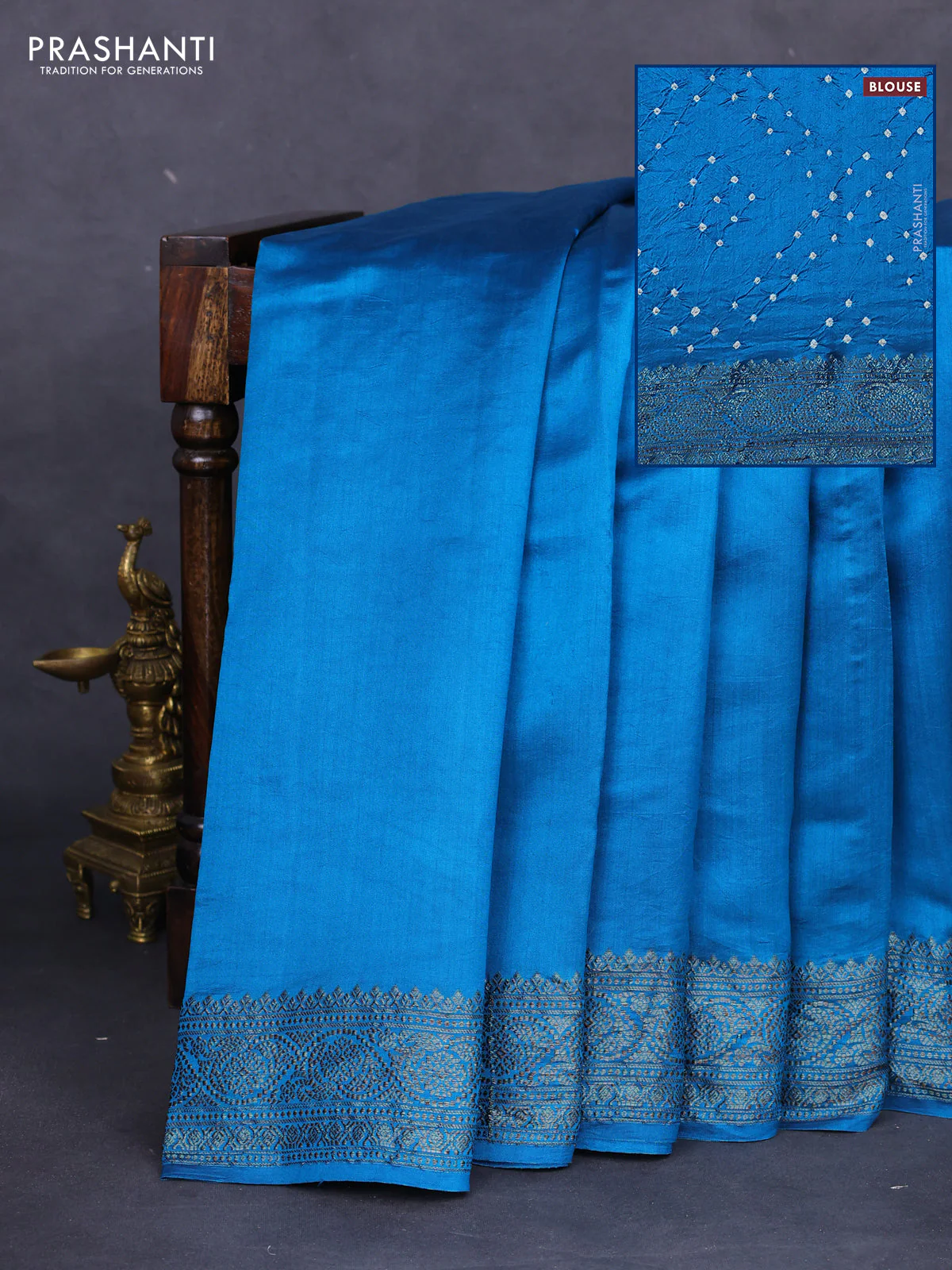 Chiniya silk saree cs blue with plain body and woven border