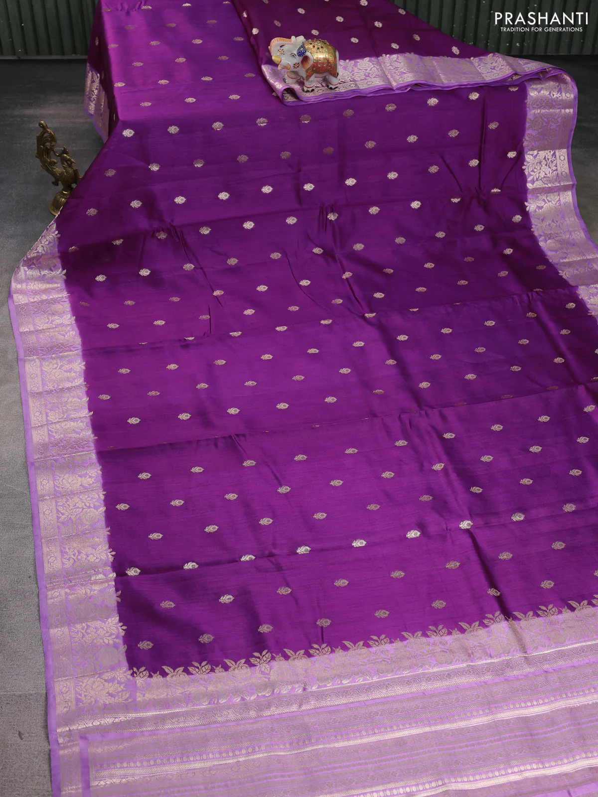 Chiniya silk saree deep purple and lavender with zari woven buttas and zari woven border - Image 2