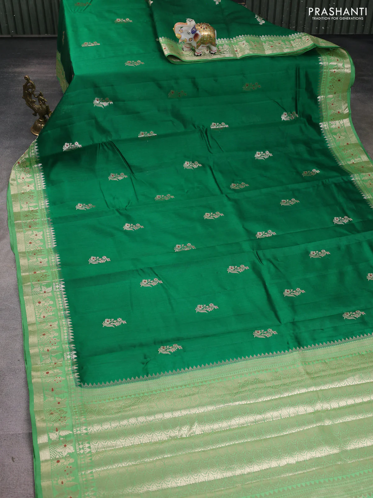 Chiniya silk saree green and light green with floral zari woven buttas and zari woven border - Image 2