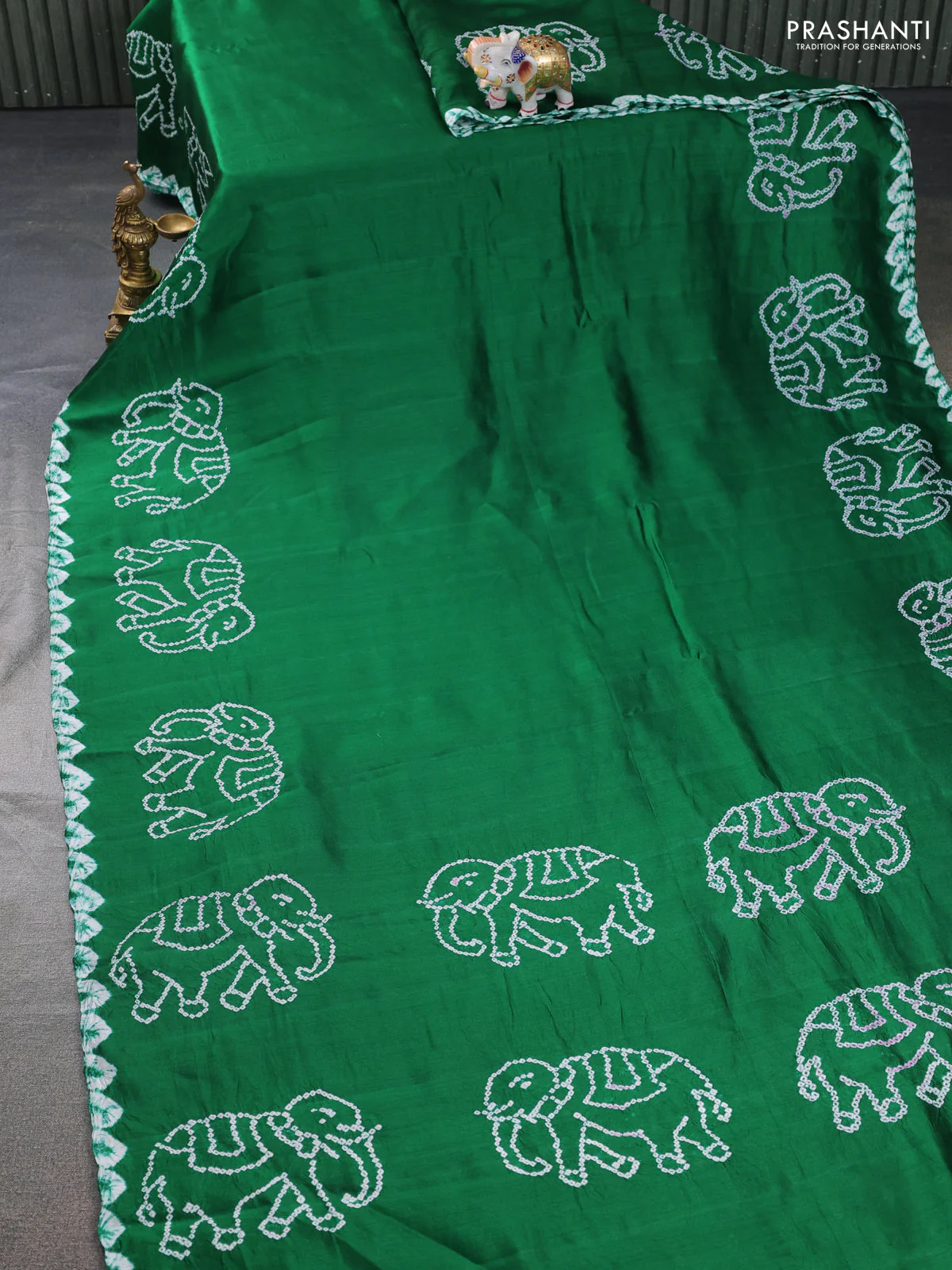 Chiniya silk saree green with allover bandhani prints - Image 2