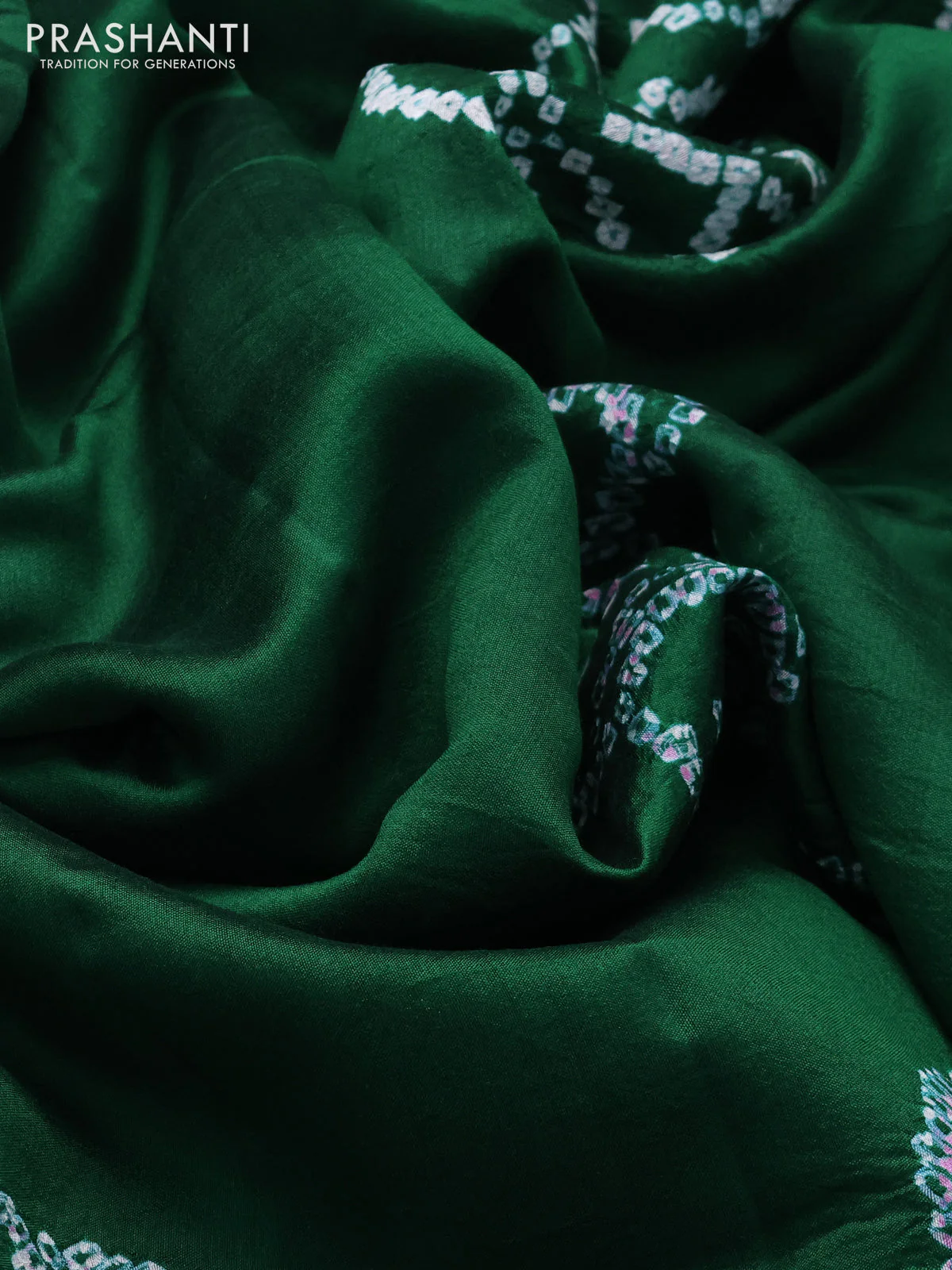 Chiniya silk saree green with allover bandhani prints - Image 3