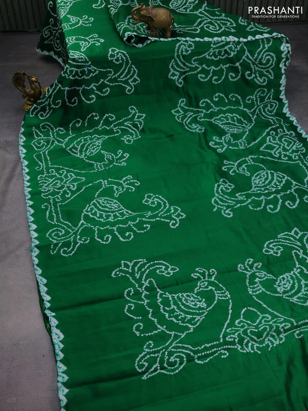 Chiniya silk saree green with allover bandhani prints - Image 2