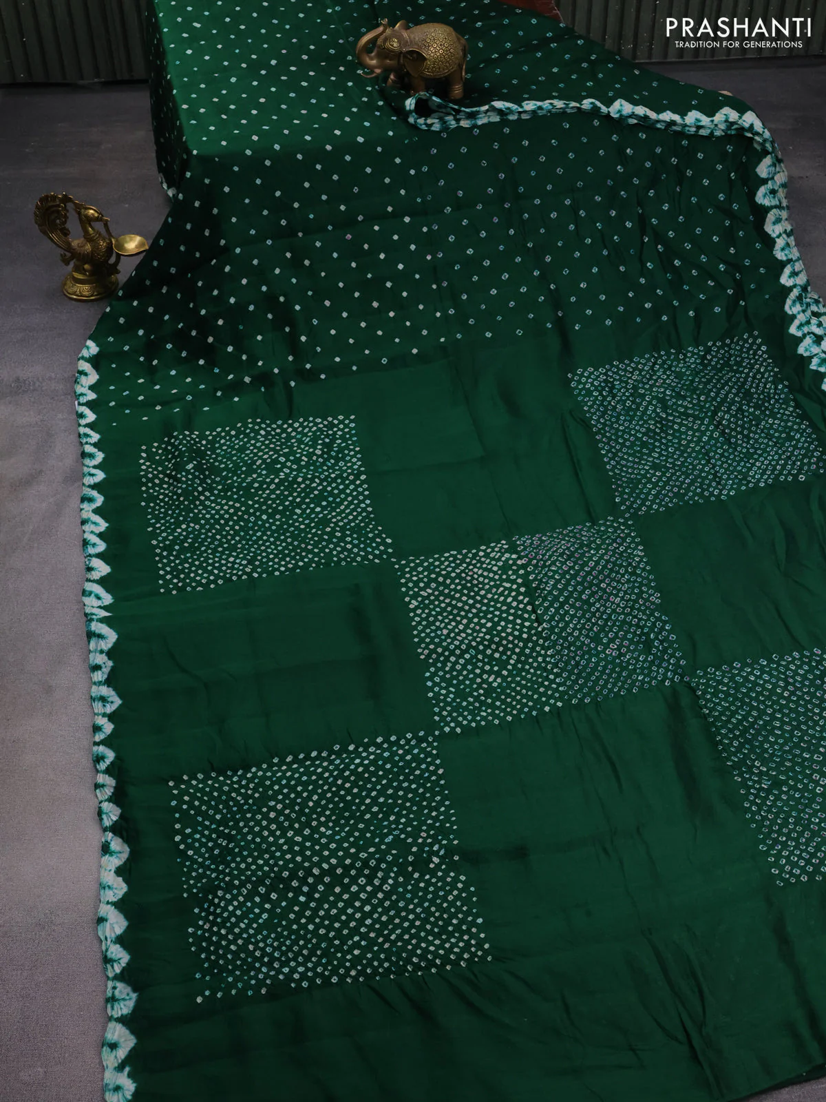Chiniya silk saree green with allover bandhani prints - Image 2
