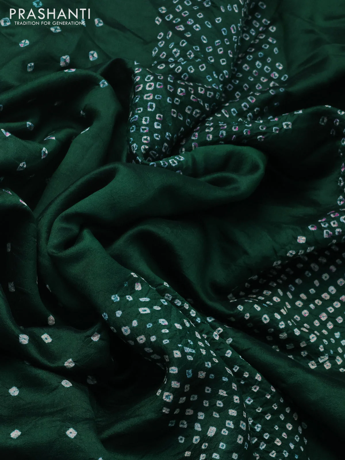 Chiniya silk saree green with allover bandhani prints - Image 3