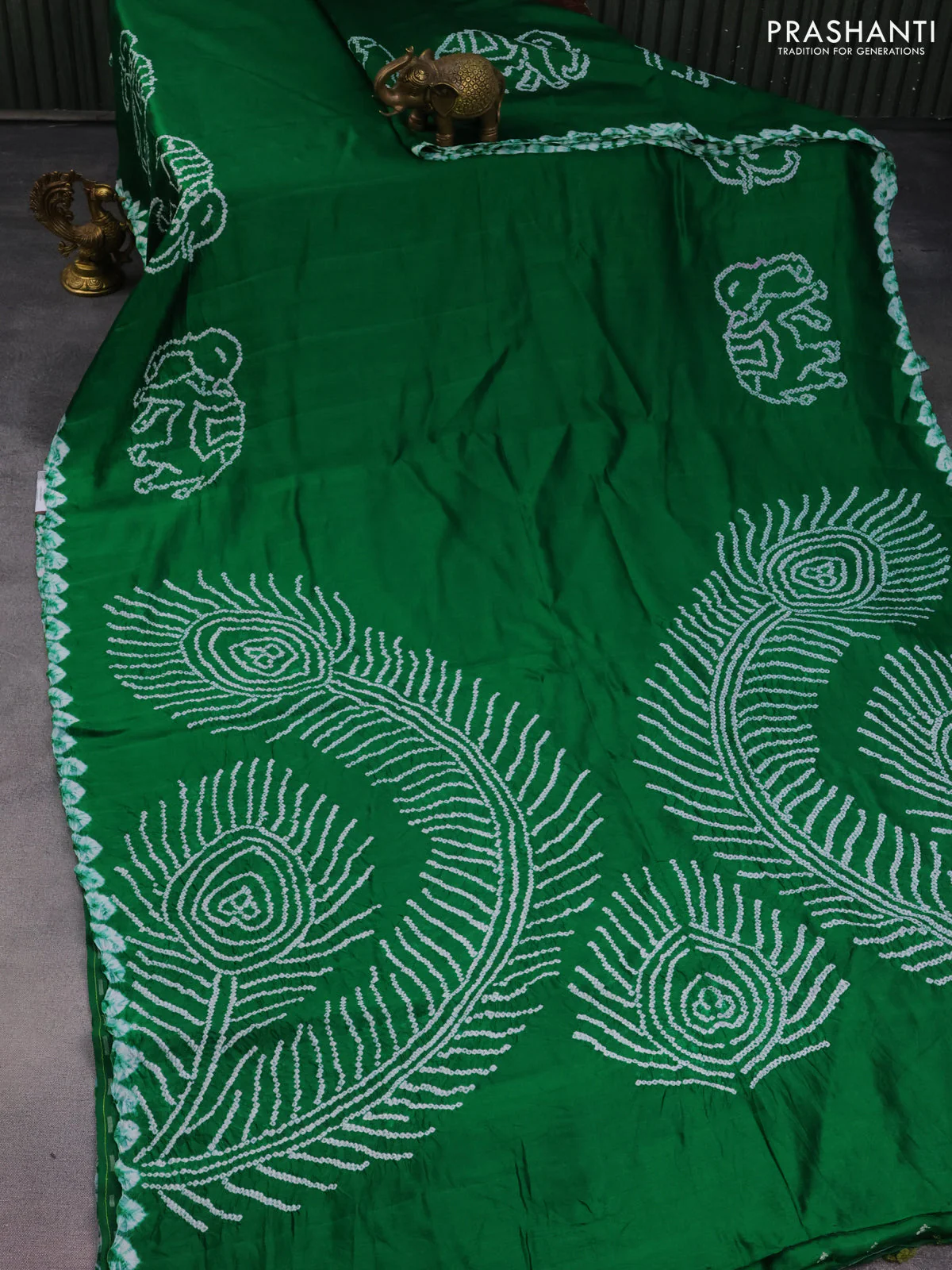 Chiniya silk saree green with allover bandhani prints - Image 2