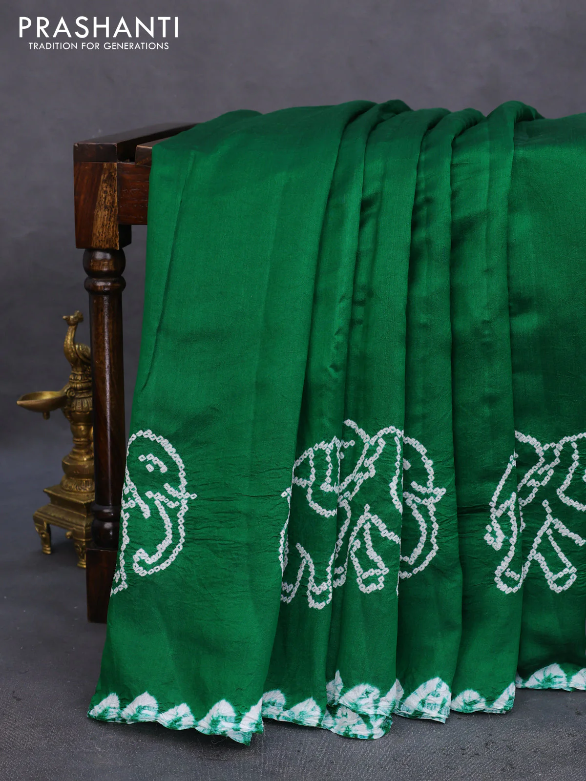 Chiniya silk saree green with allover bandhani prints - Image 2