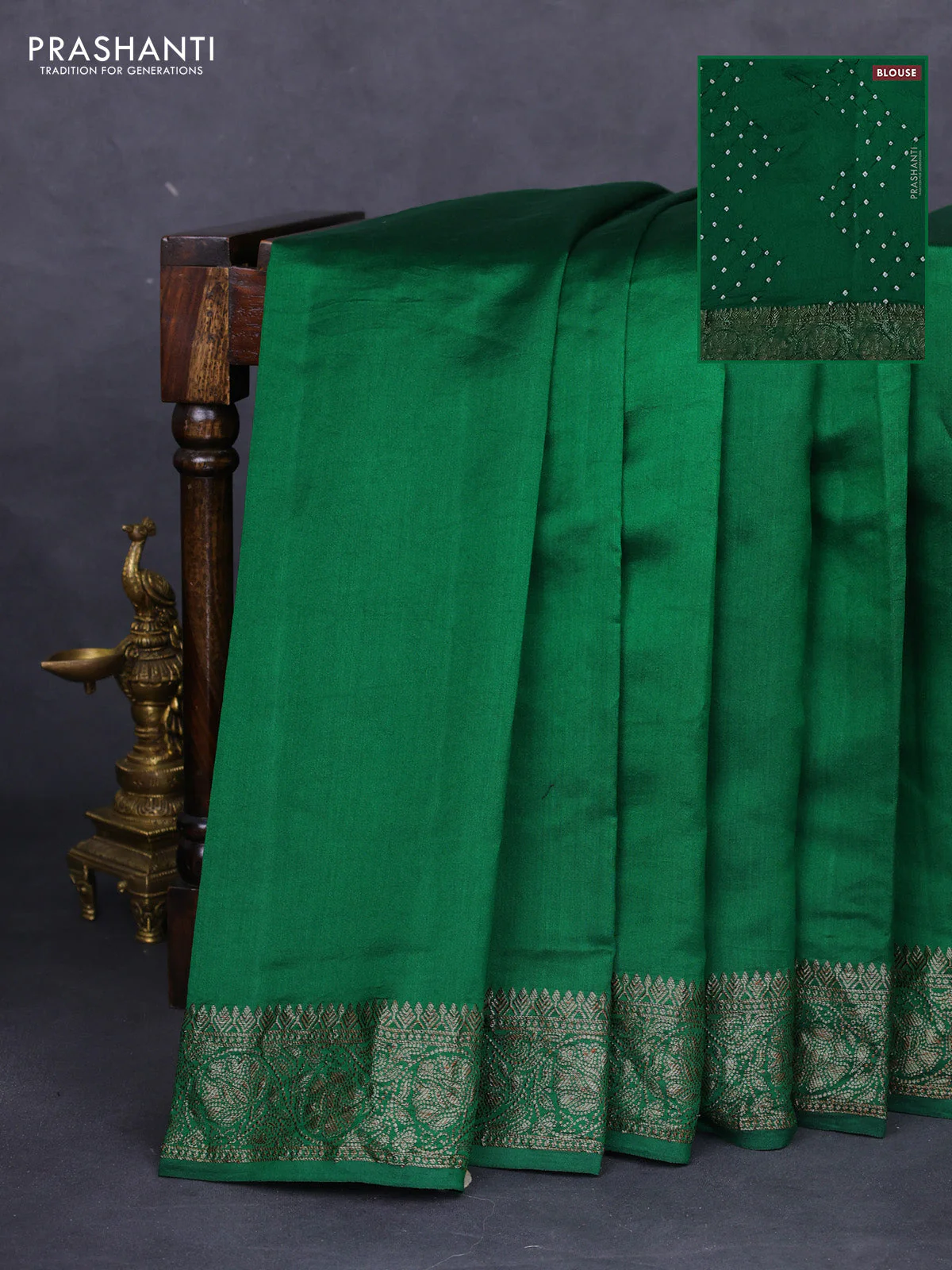 Chiniya silk saree green with plain body and woven border