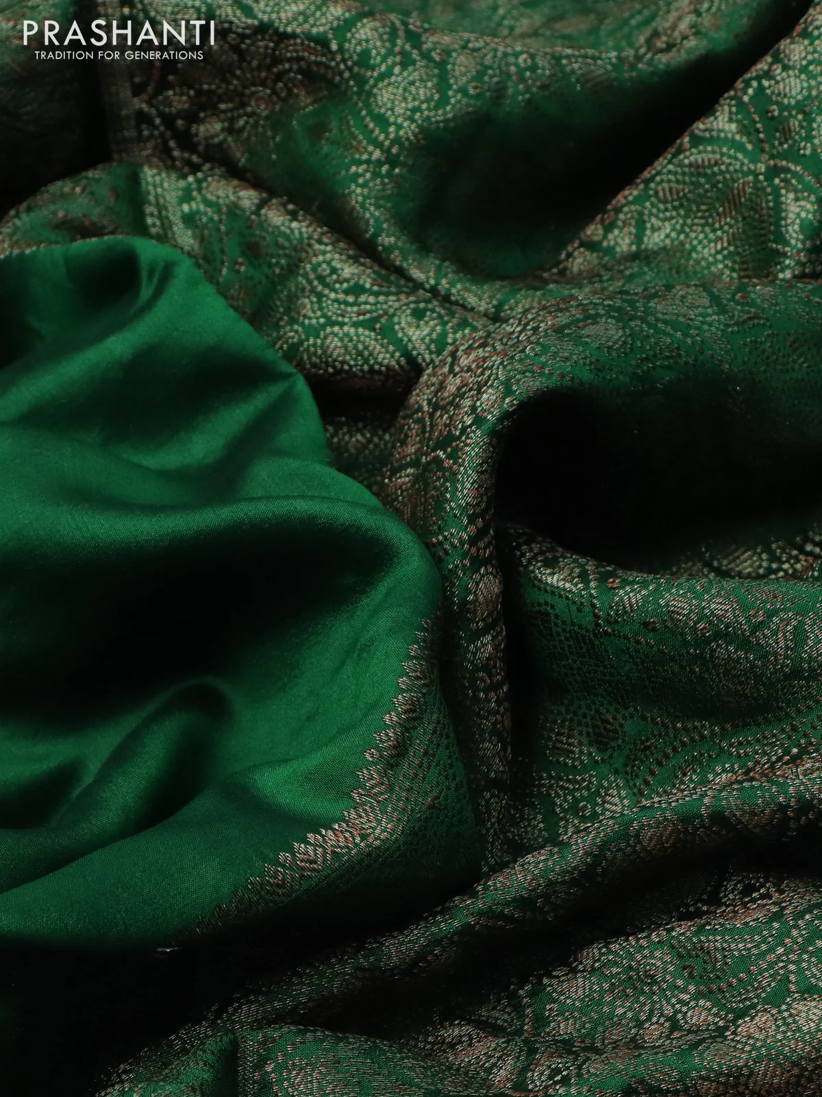 Chiniya silk saree green with plain body and woven border - Image 3