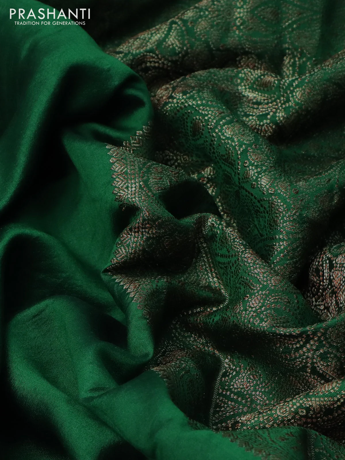 Chiniya silk saree green with plain body and woven border - Image 3