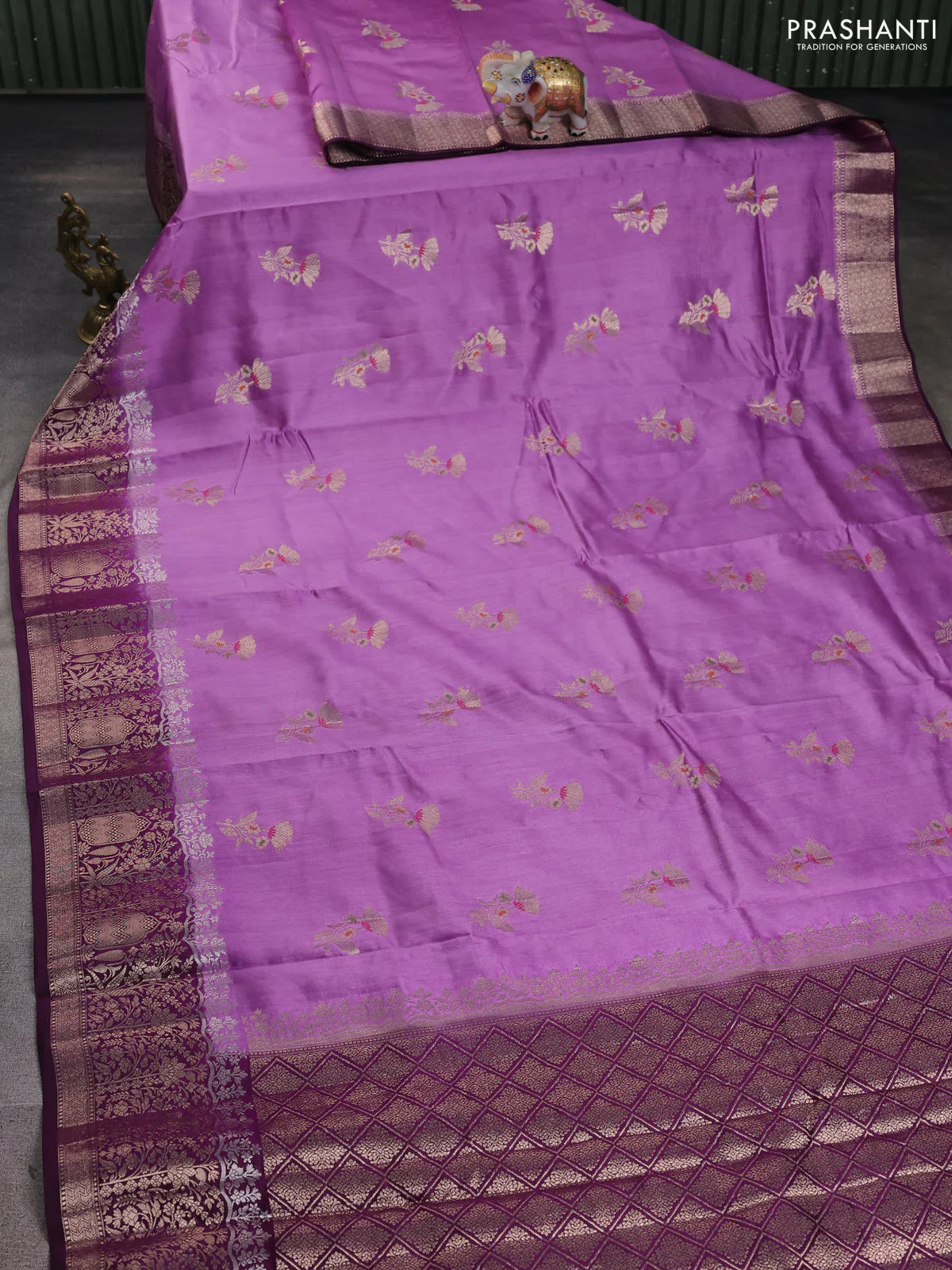 Chiniya silk saree lavender and purple with floral zari woven buttas and zari woven border - Image 2