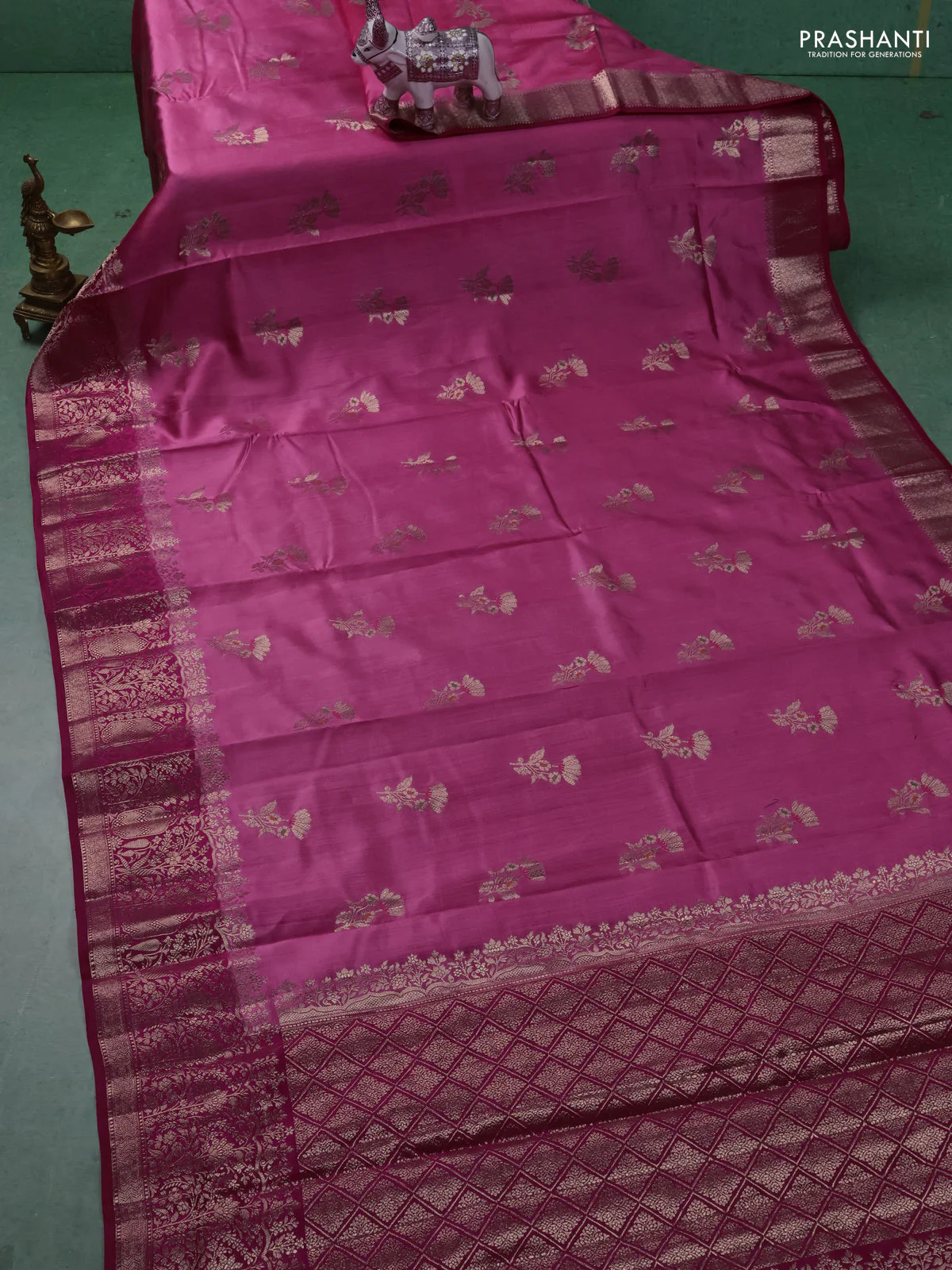 Chiniya silk saree light pink and pink with floral zari woven buttas and zari woven border - Image 2
