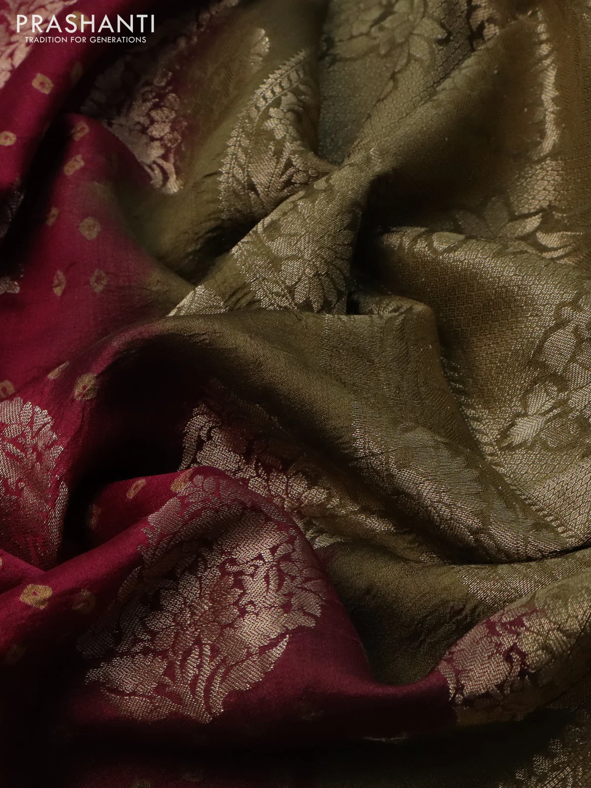 Chiniya silk saree magenta pink and military green with allover zari buttas & bandhini prints and zari woven border - Image 3