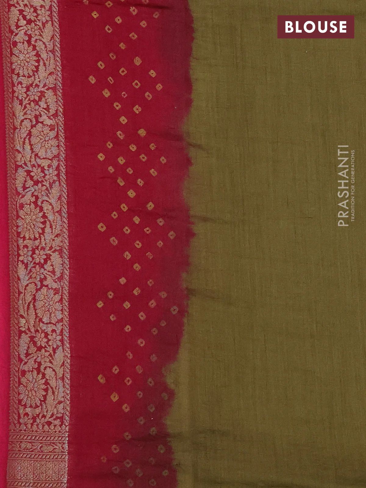 Chiniya silk saree magenta pink and military green with allover zari buttas & bandhini prints and zari woven border - Image 4