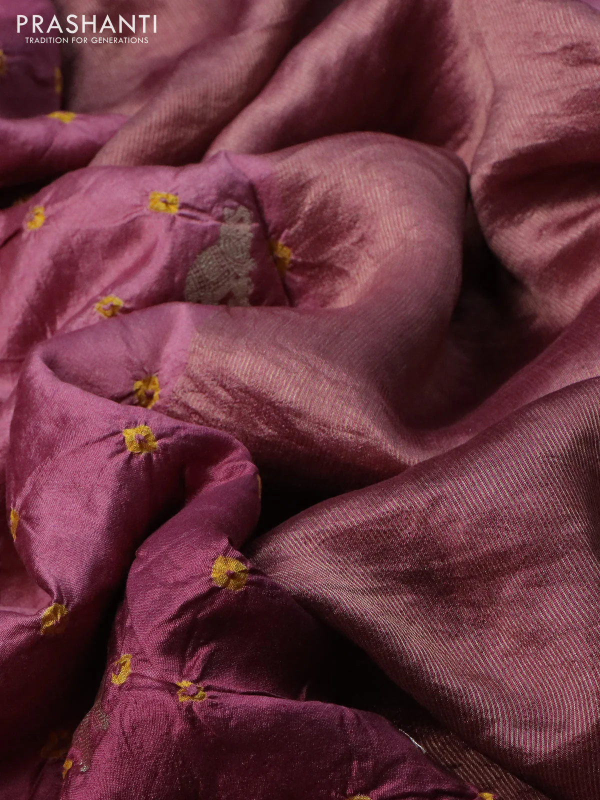 Chiniya silk saree mauve pink with allover zari buttas & bandhini prints in borderless style - Image 3