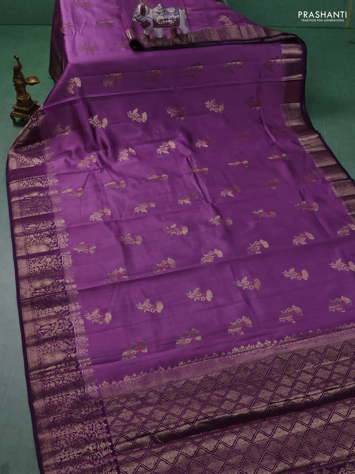 Chiniya silk saree mild purple and purple with floral zari woven buttas and zari woven border - Image 2