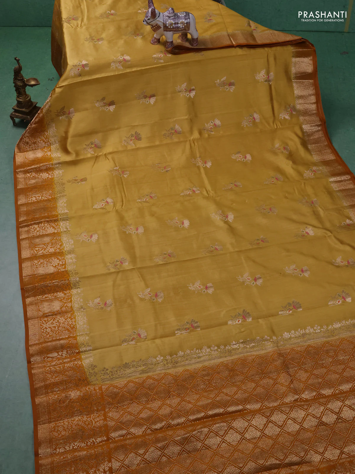 Chiniya silk saree mustard yellow and dark mustard with floral zari woven buttas and zari woven border - Image 2