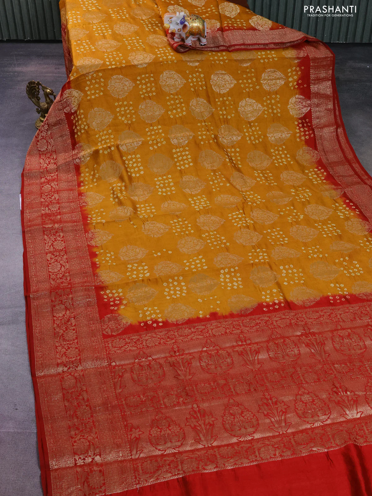 Chiniya silk saree mustard yellow and maroon with allover zari buttas & bandhini prints and zari woven border - Image 2