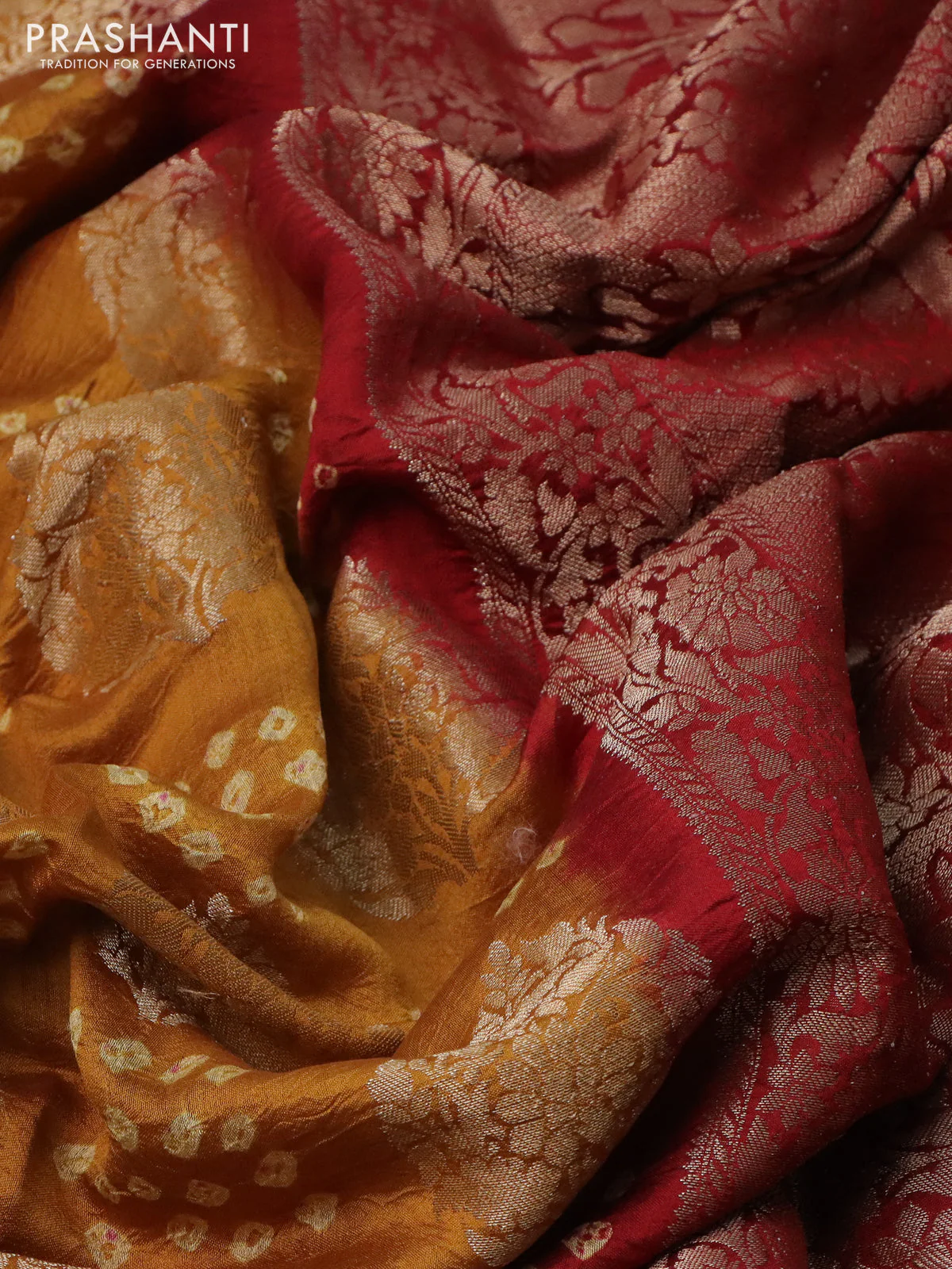 Chiniya silk saree mustard yellow and maroon with allover zari buttas & bandhini prints and zari woven border - Image 3