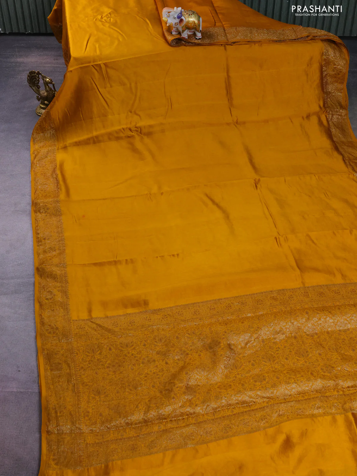 Chiniya silk saree mustard yellow with plain body and woven border - Image 2