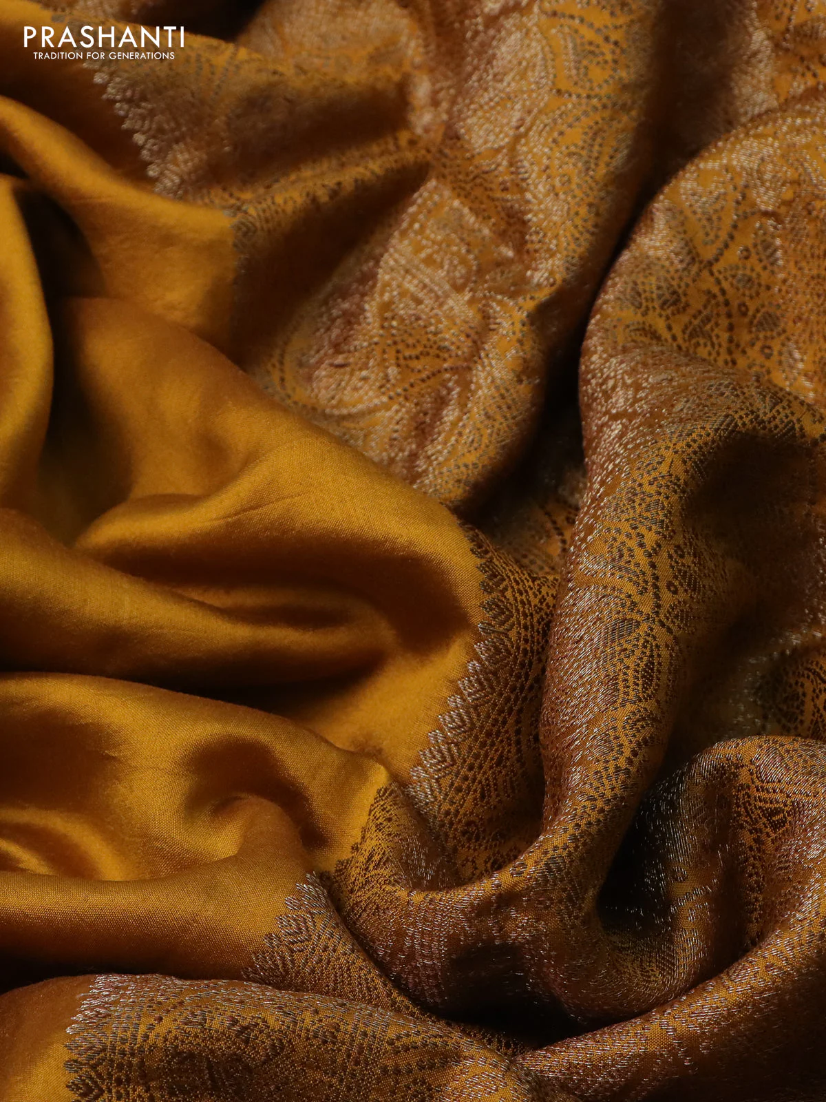 Chiniya silk saree mustard yellow with plain body and woven border - Image 3