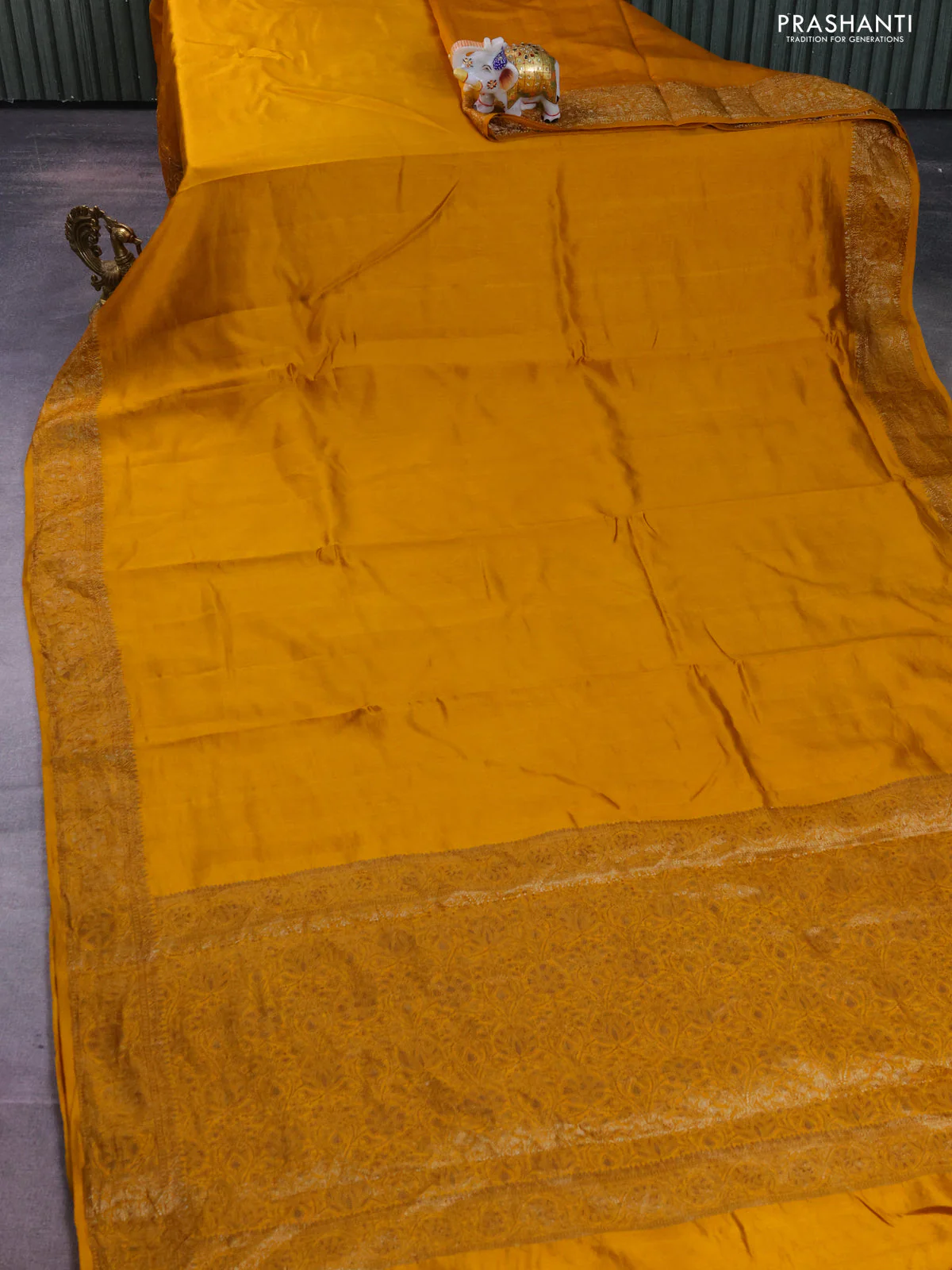 Chiniya silk saree mustard yellow with plain body and woven border - Image 2