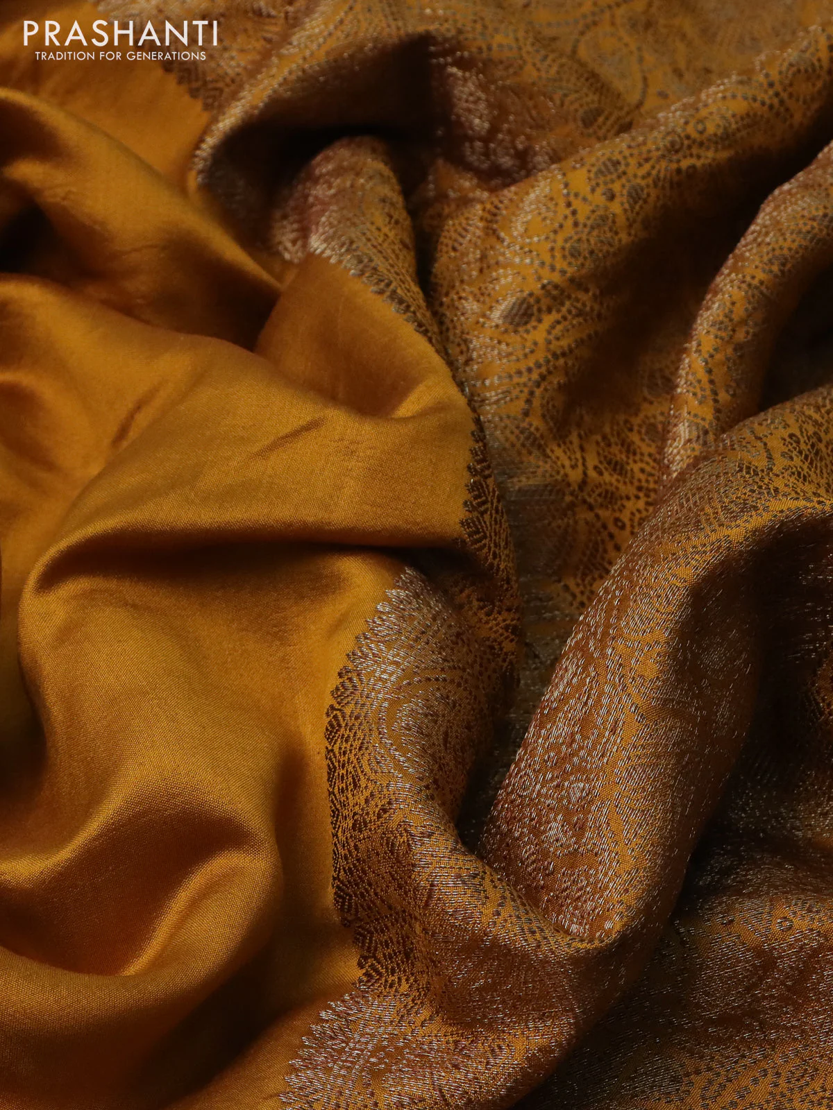 Chiniya silk saree mustard yellow with plain body and woven border - Image 3