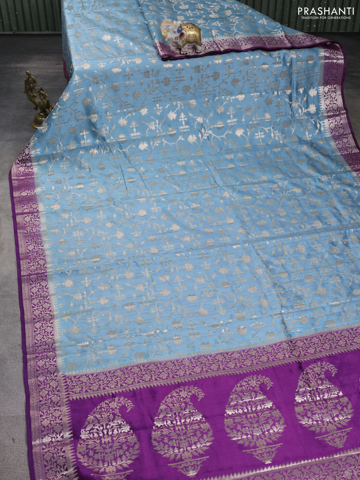 Chiniya silk saree pastel blue and purple with allover zari weaves and zari woven border - Image 2