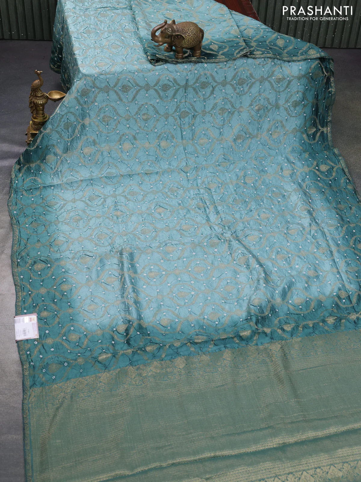 Chiniya silk saree pastel green and teal green with allover bandhani prints & zari weaves and zari woven border - Image 2