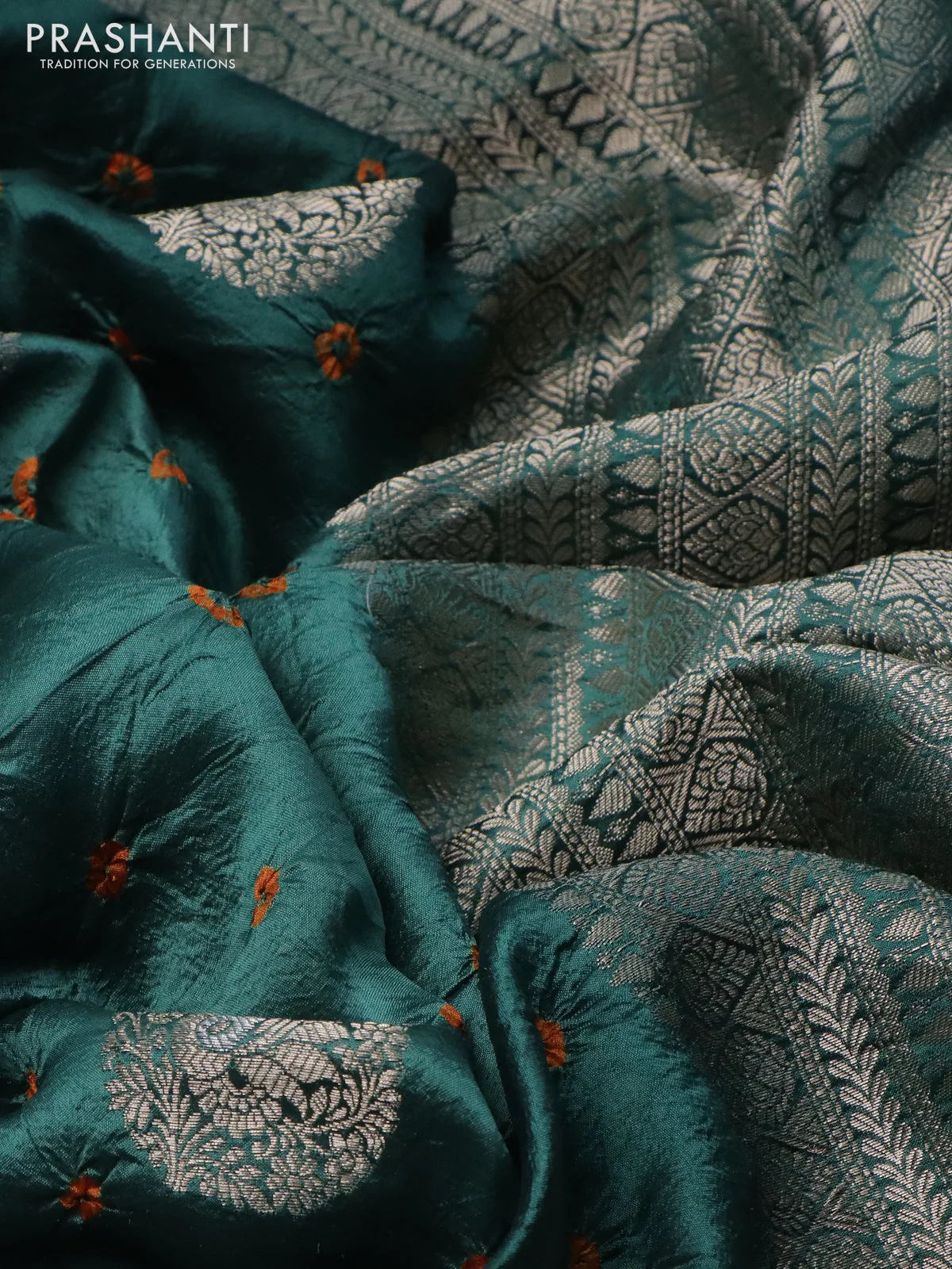 Chiniya silk saree peacock green with allover zari buttas & bandhini prints and zari woven border - Image 3
