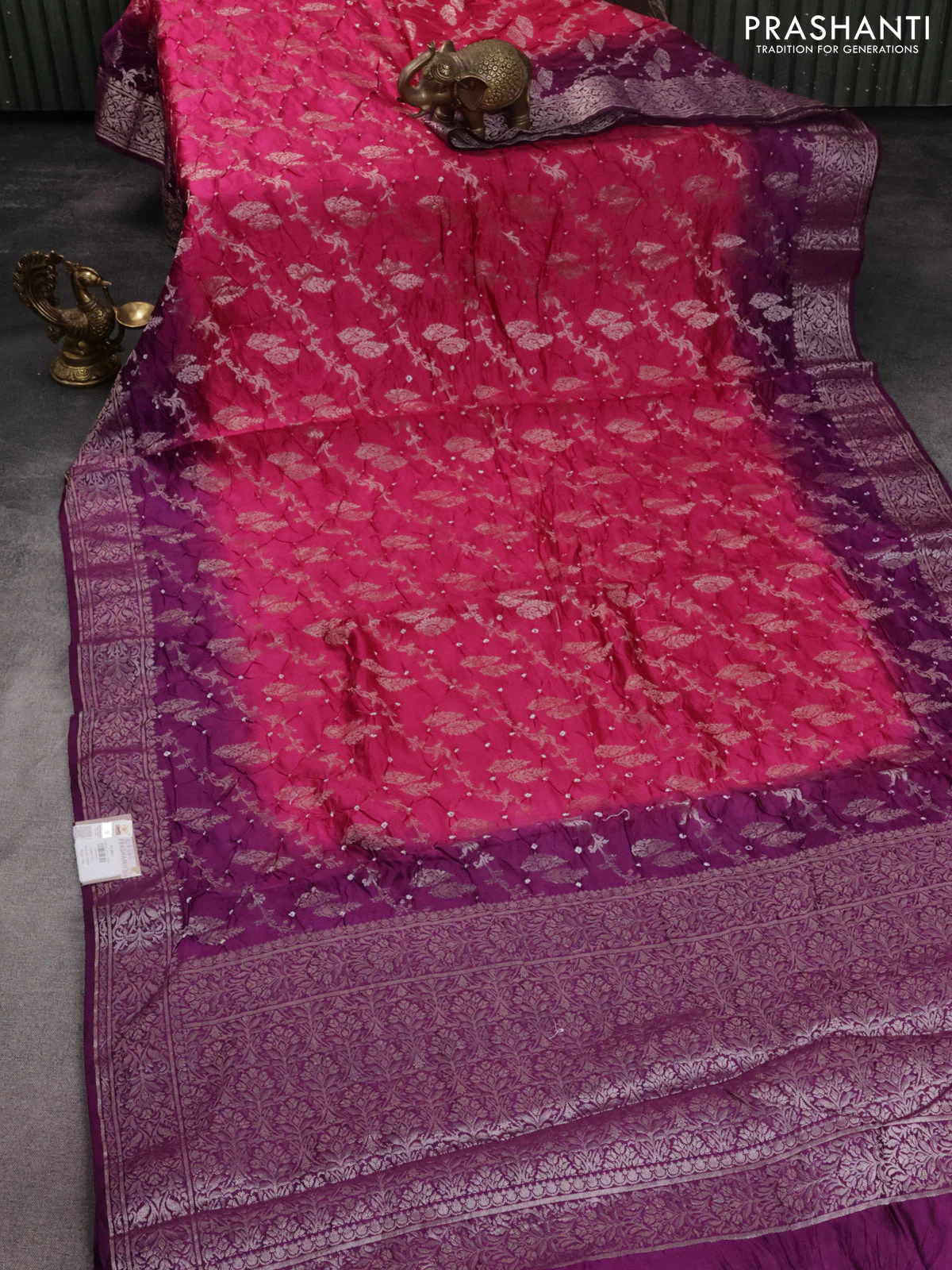 Chiniya silk saree pink and purple with allover bandhani prints & zari weaves and zari woven border - Image 2