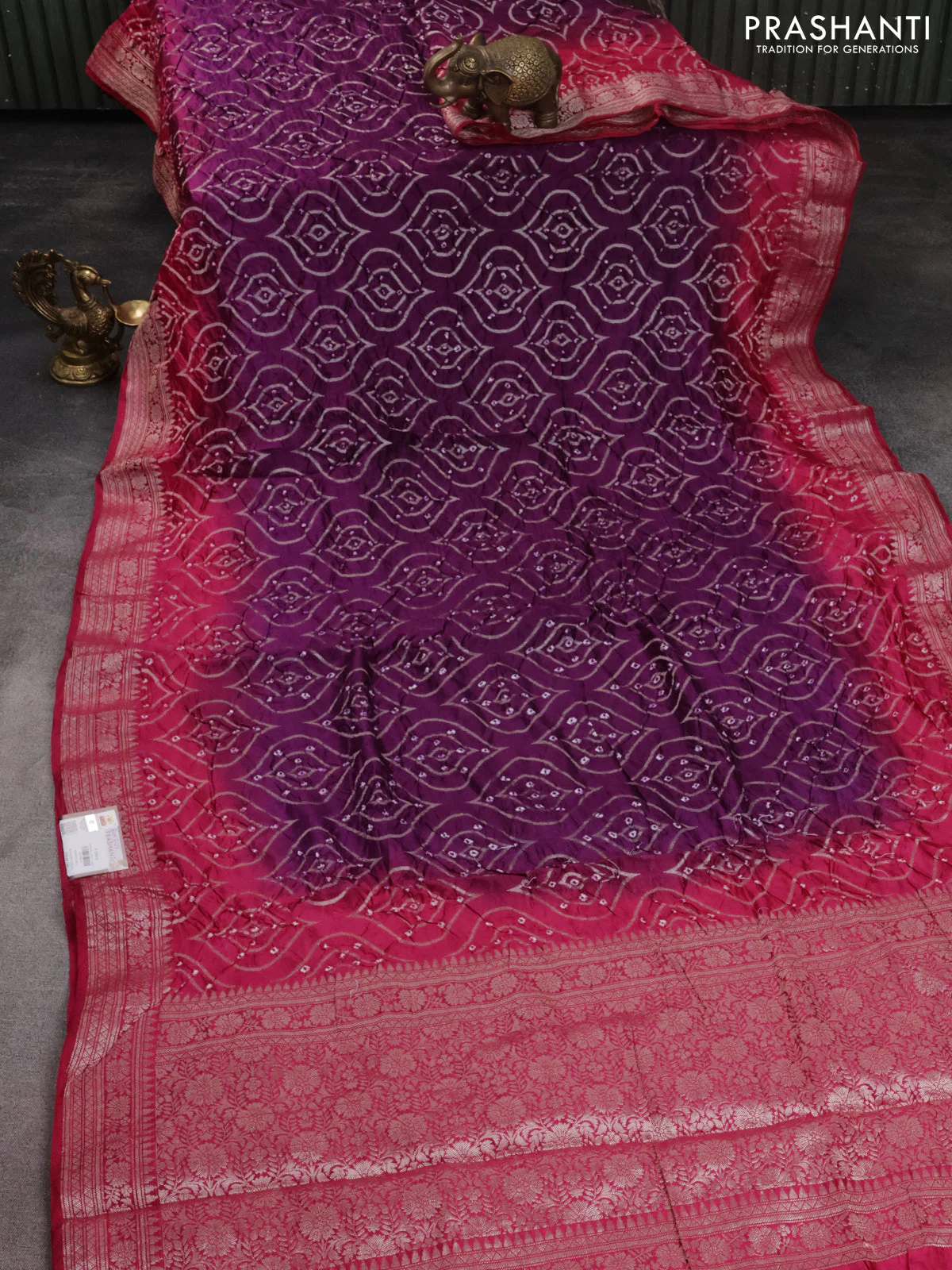 Chiniya silk saree purple and pink with allover bandhani prints & zari weaves and zari woven border - Image 2