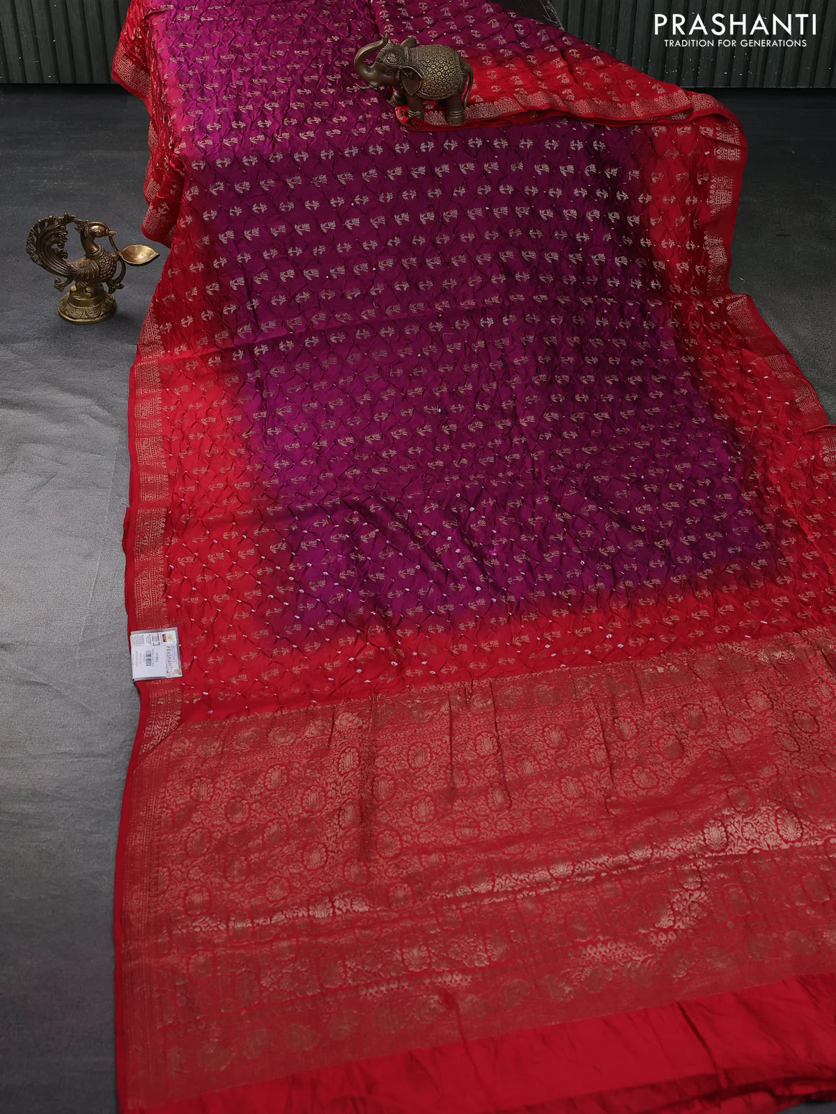Chiniya silk saree purple and red with allover bandhani prints & zari weaves and zari woven border - Image 2