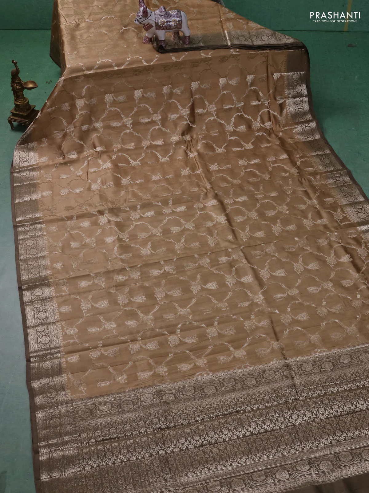 Chiniya silk saree sandal and brown shade with allover floral zari weaves and zari woven border - Image 2