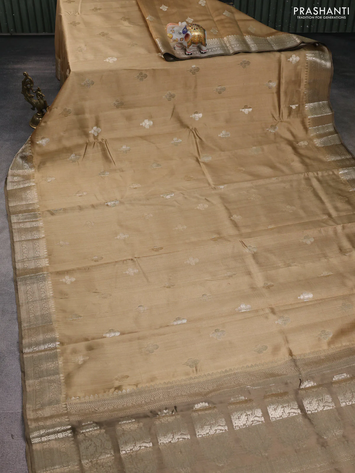 Chiniya silk saree sandal and pastel brown shade with zari woven buttas and zari woven border - Image 2
