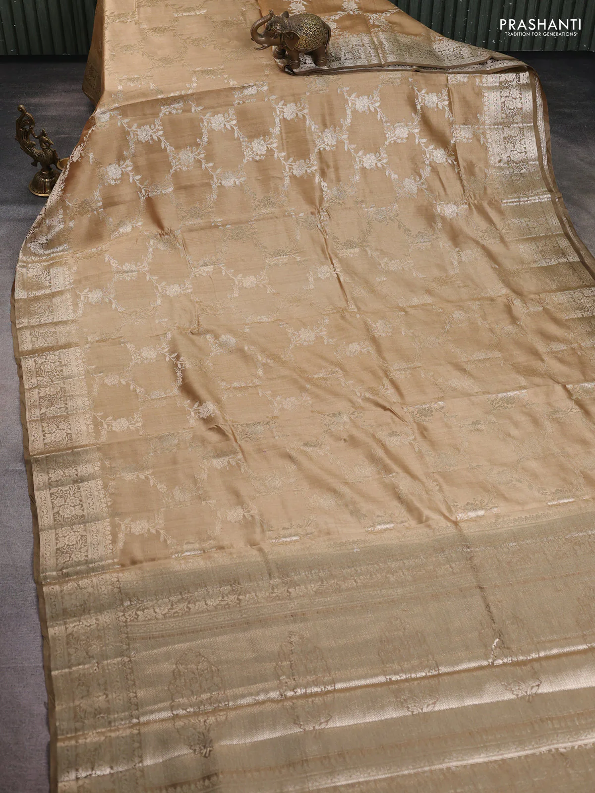 Chiniya silk saree sandal and pastel brown with allover floral zari weaves and zari woven border - Image 2