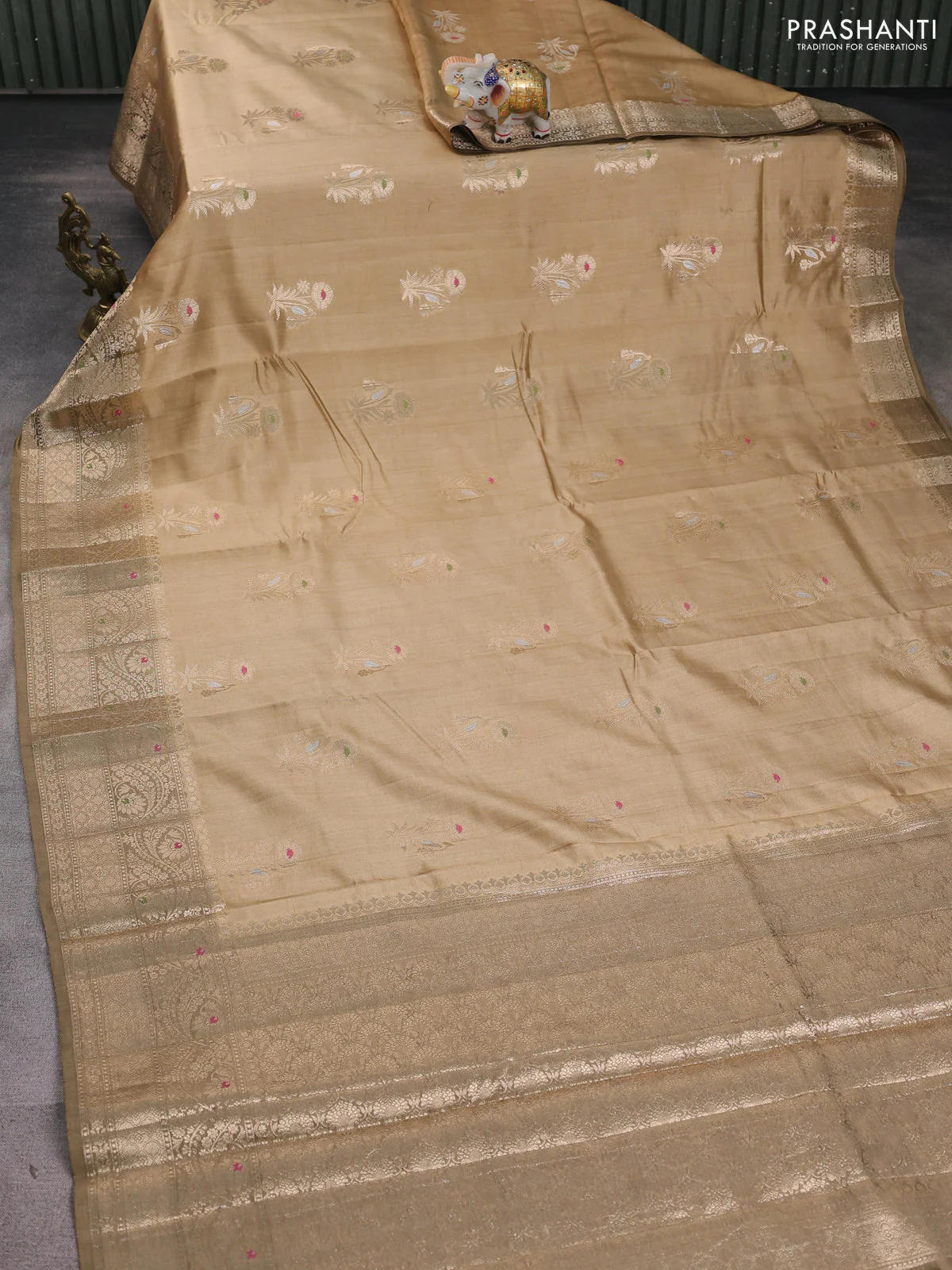 Chiniya silk saree sandal and pastel brown with floral zari woven buttas and zari woven border - Image 2