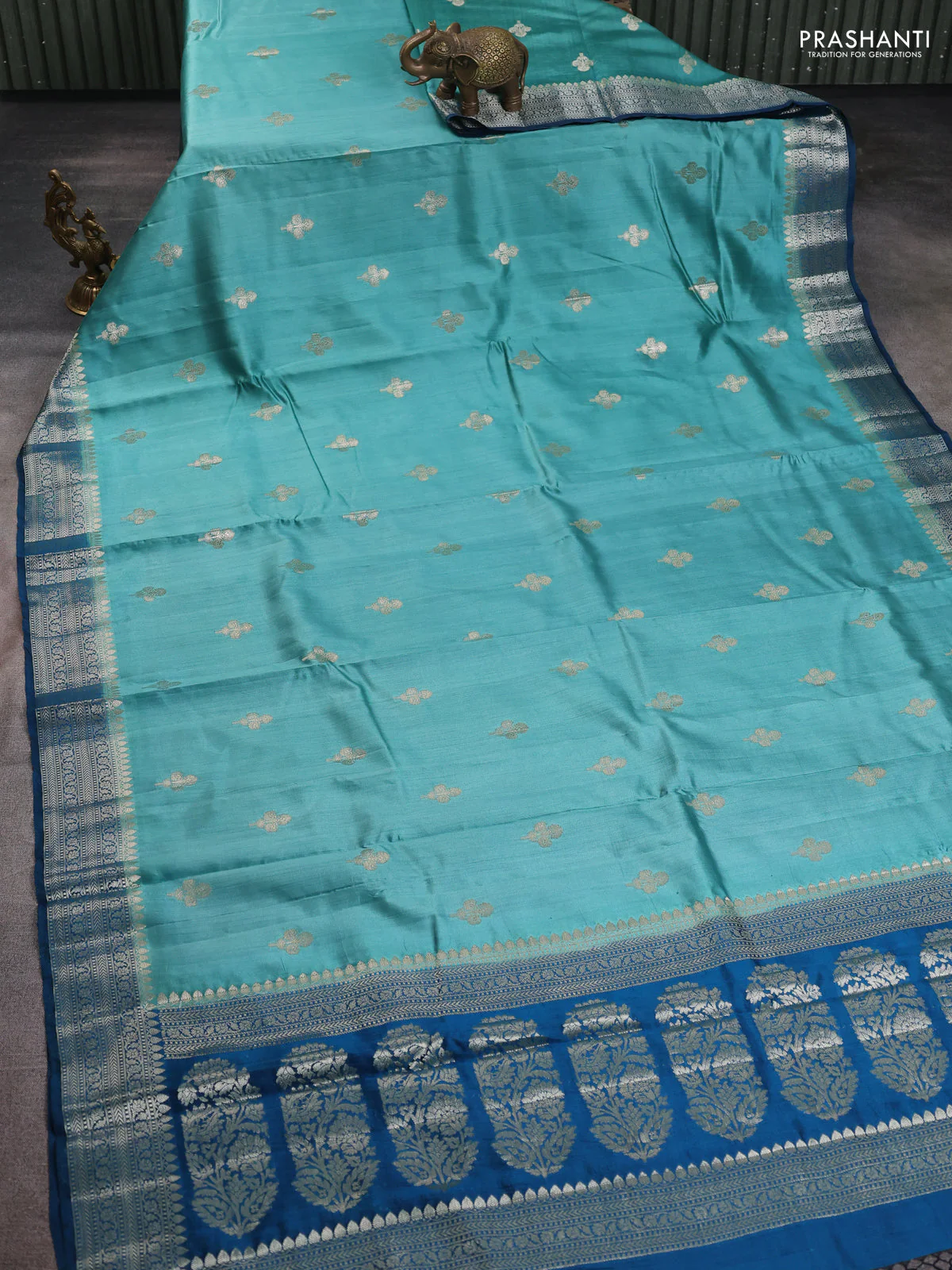 Chiniya silk saree teal blue shade and peacock blue with zari woven buttas and zari woven border - Image 2