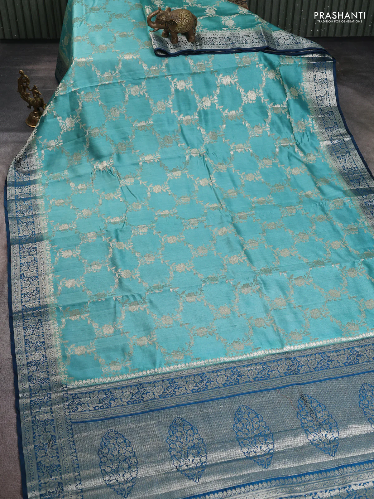 Chiniya silk saree teal green shade and peacock blue with allover floral zari weaves and zari woven border - Image 2