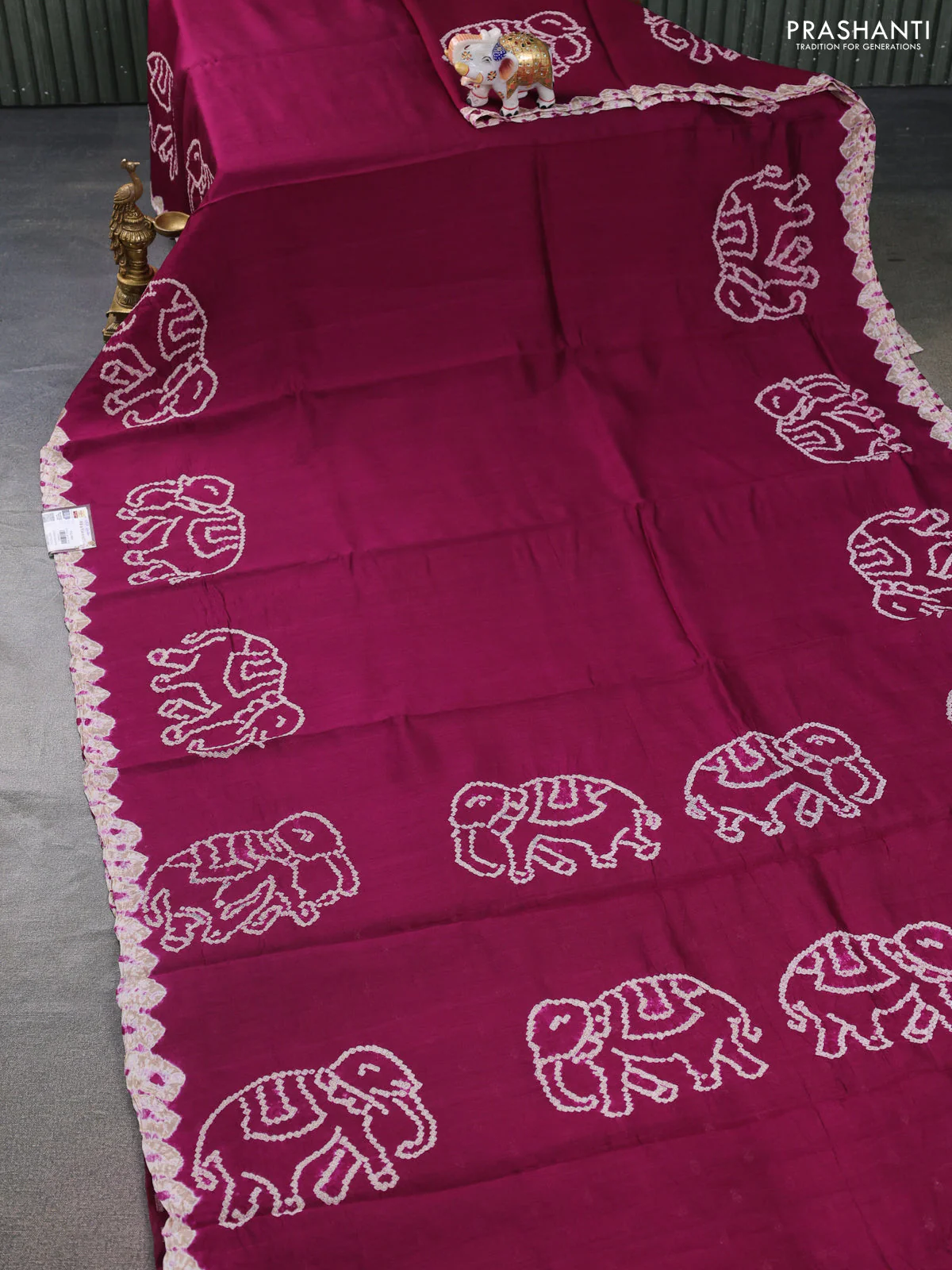 Chiniya silk saree wine shade with allover bandhani prints - Image 2