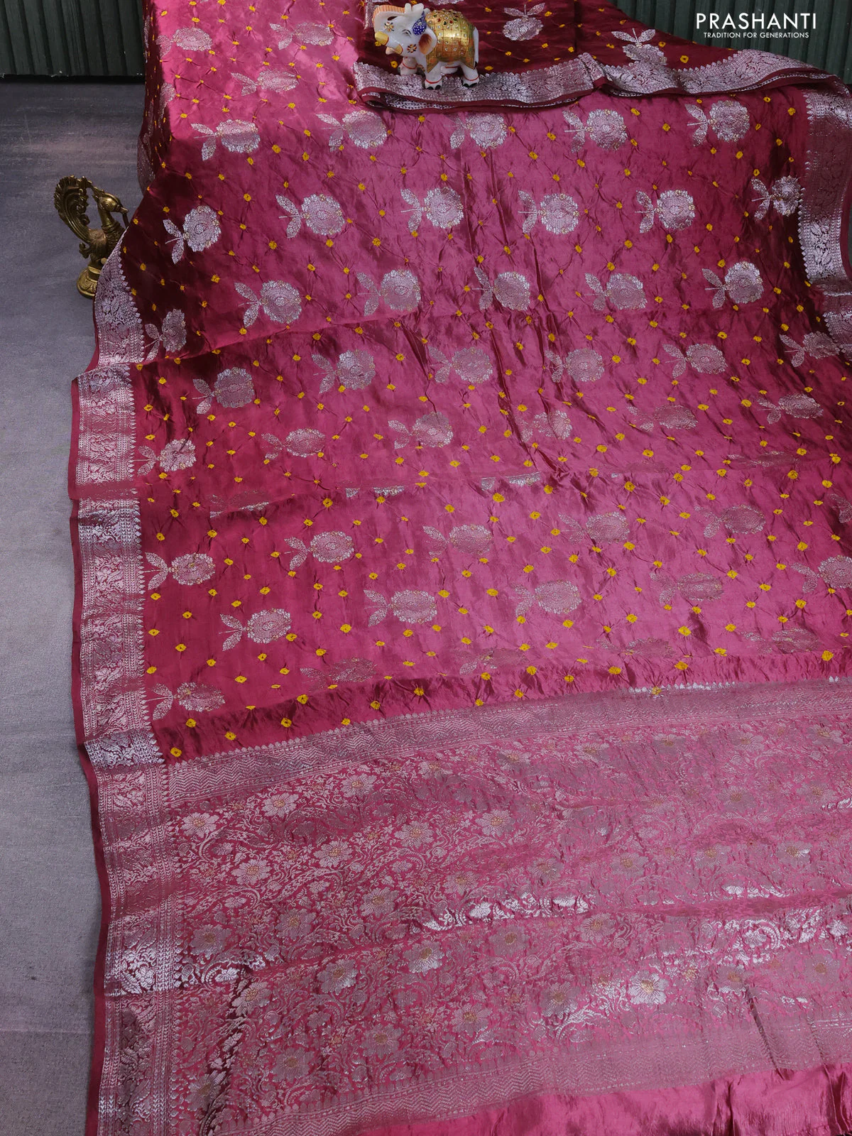 Chiniya silk saree wine shade with allover silver zari buttas & bandhini prints and silver zari woven border - Image 2
