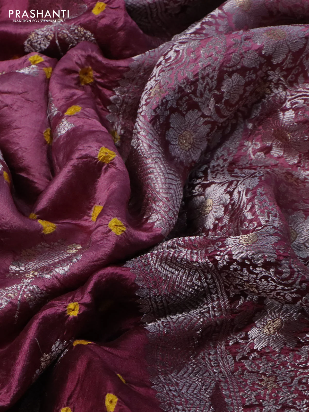 Chiniya silk saree wine shade with allover silver zari buttas & bandhini prints and silver zari woven border - Image 3