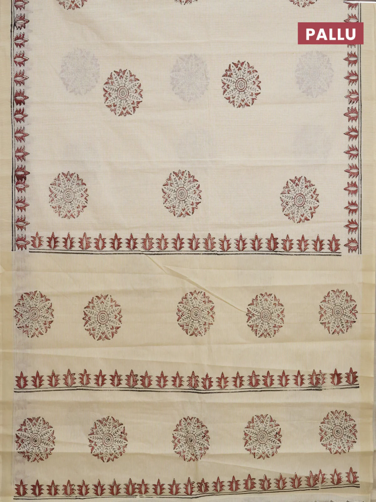 Chirala cotton saree cream and maroon with butta prints and printed border - Image 3