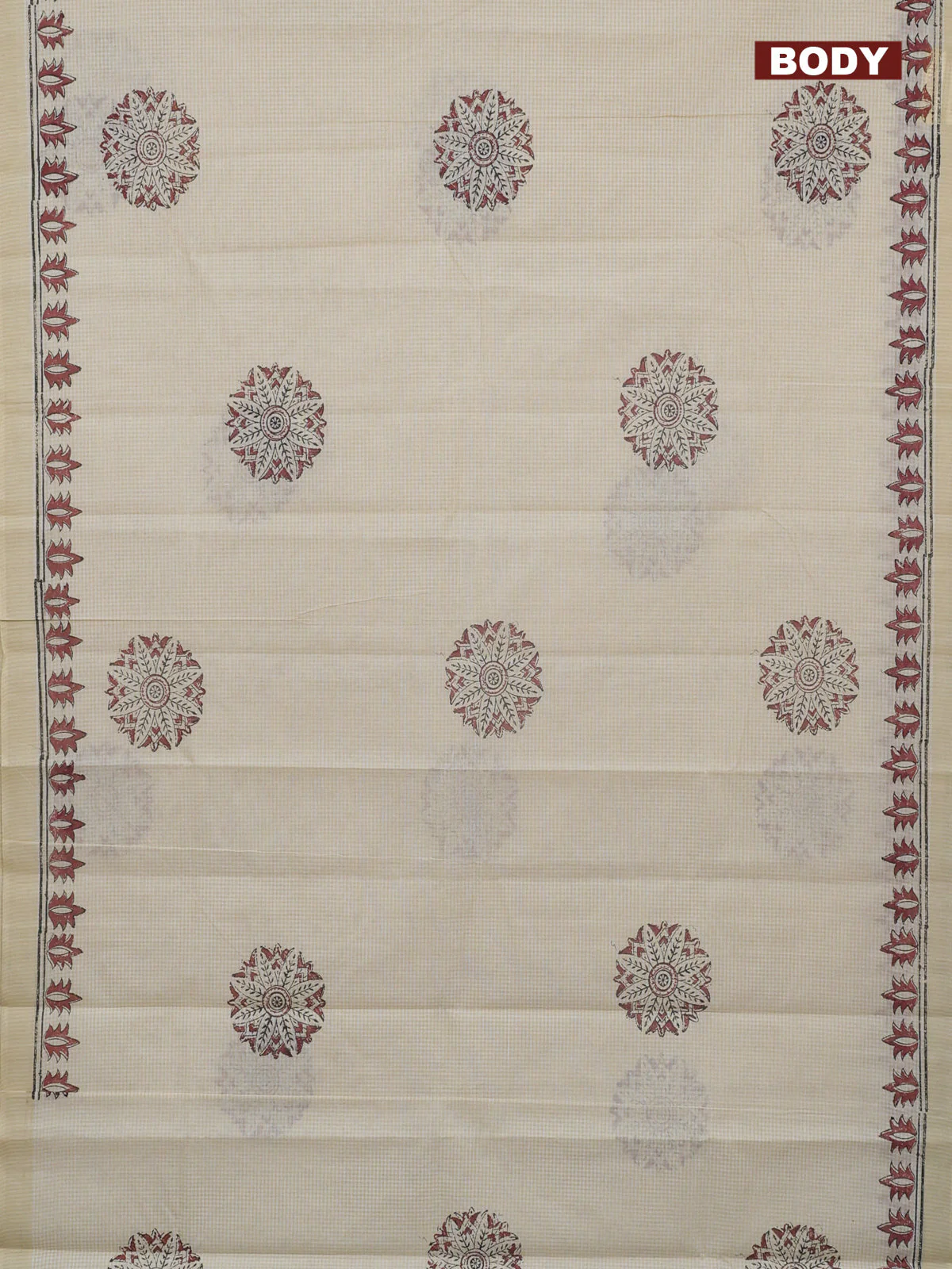 Chirala cotton saree cream and rust shade with butta prints and printed border - Image 2