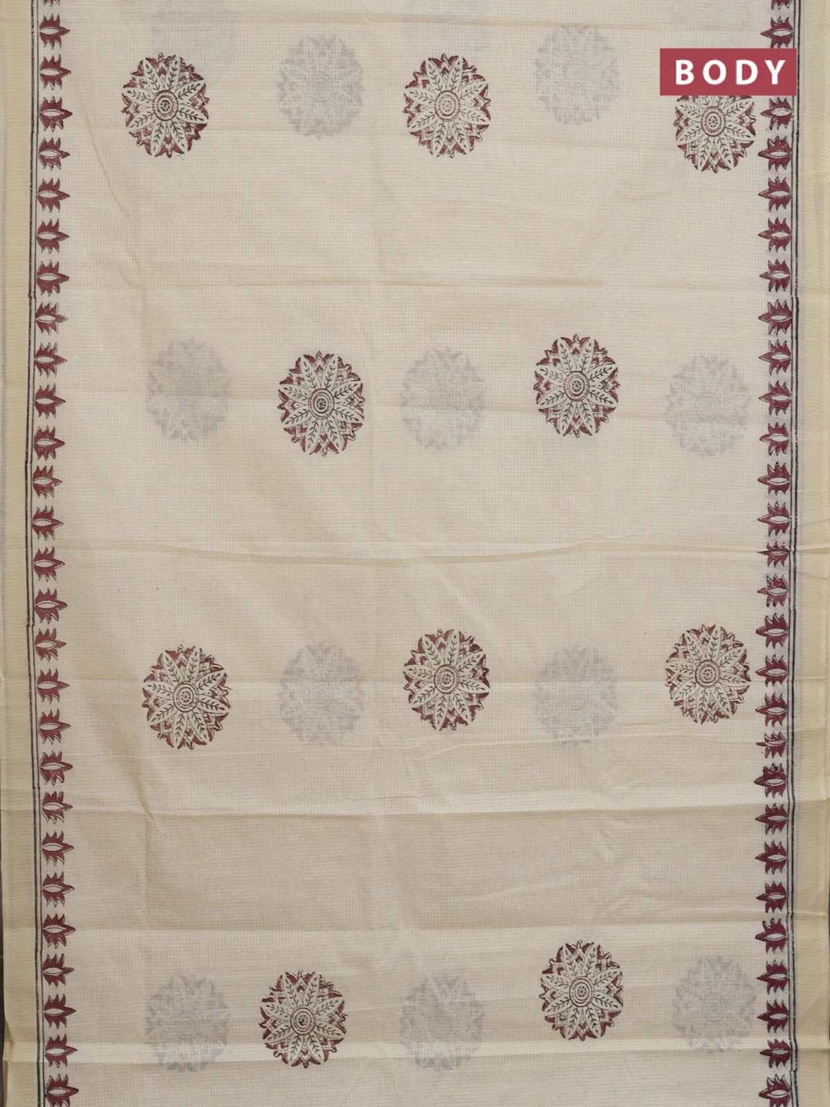 Chirala cotton saree cream and wine shade with butta prints and printed border - Image 2