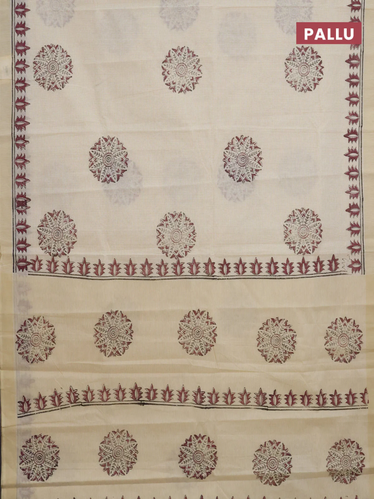 Chirala cotton saree cream and wine shade with butta prints and printed border - Image 3