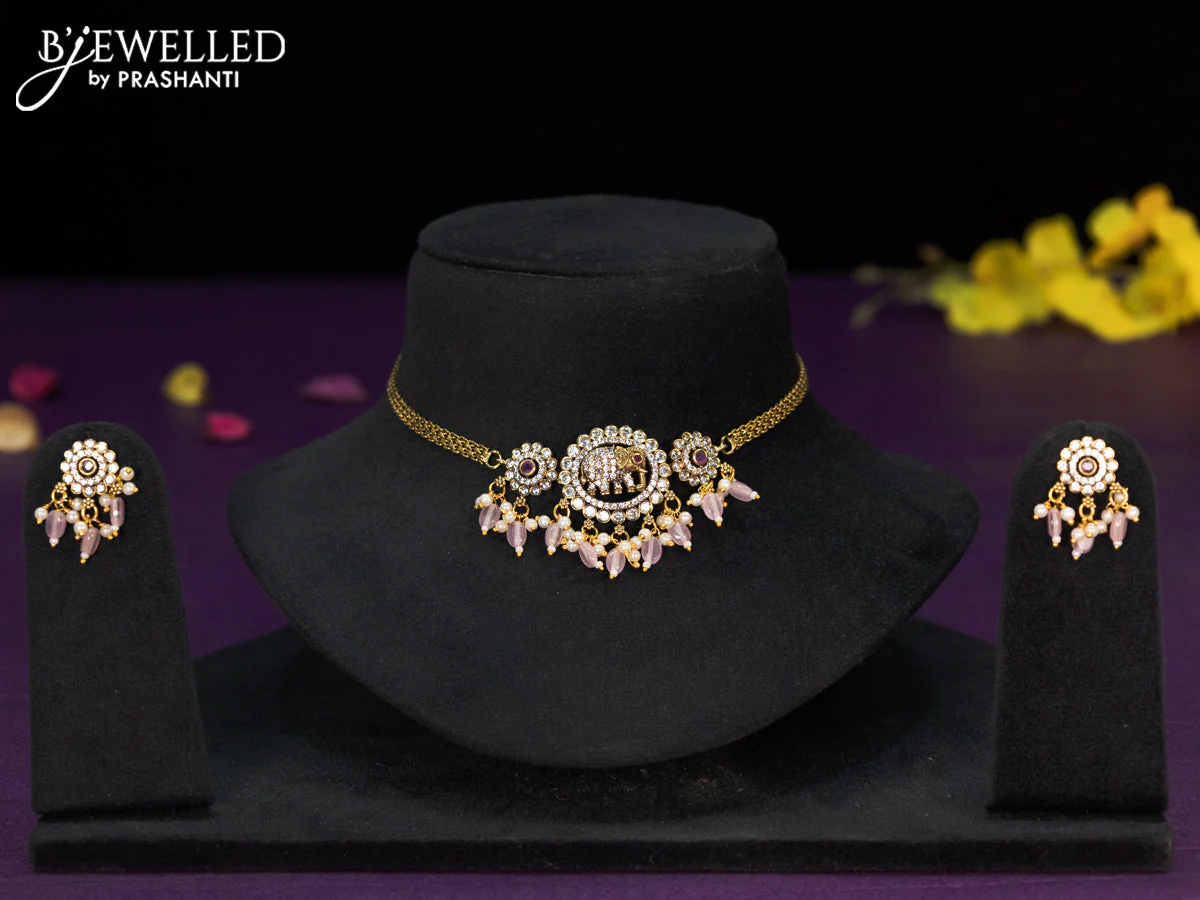 Choker elephant design with ruby & cz stones and baby pink beads hangings in victorian finish
